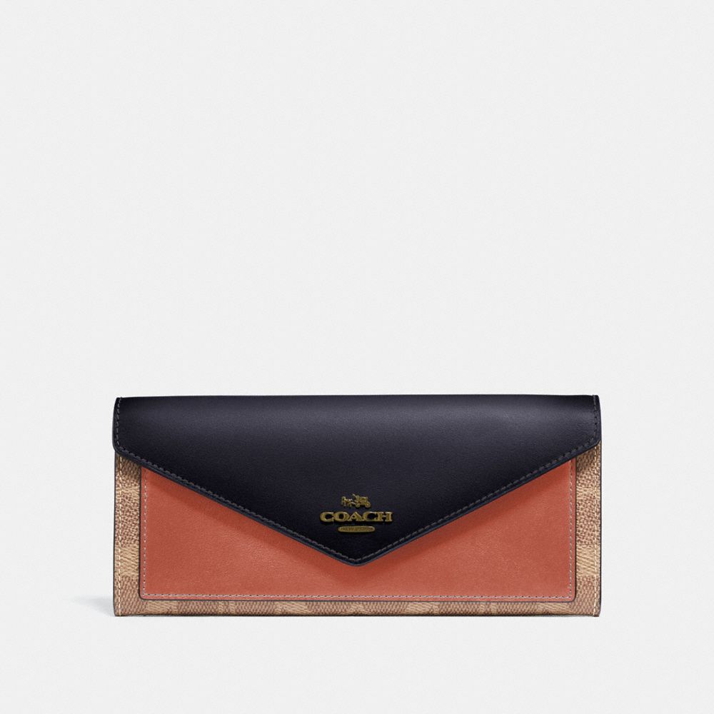 COACH 69828 SOFT WALLET IN COLORBLOCK SIGNATURE CANVAS TAN/INK LIGHT PEACH/BRASS