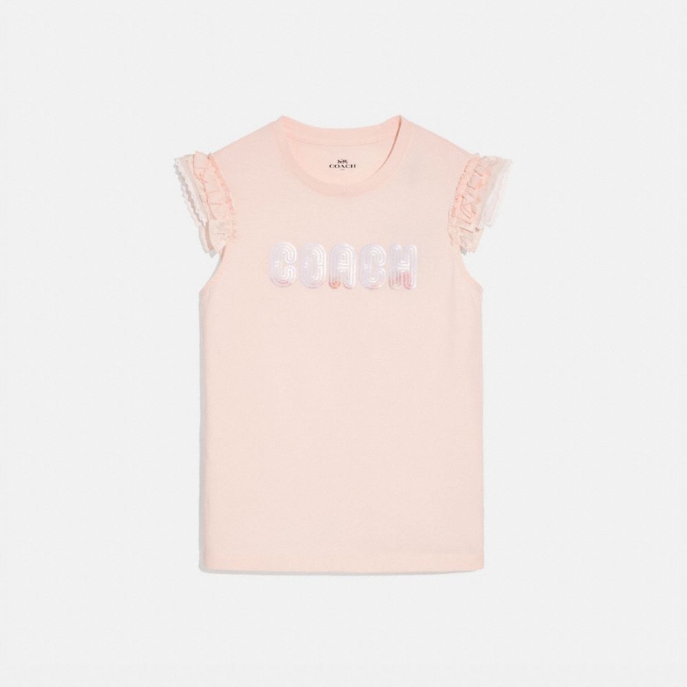 COACH PRINT T-SHIRT WITH EMBROIDERED CAP SLEEVES - PINK - COACH 69933