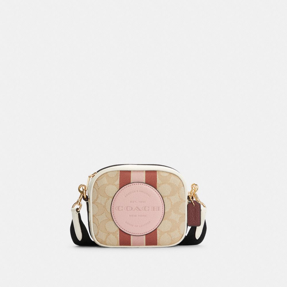 COACH 7057 Mini Dempsey Camera Bag In Signature Jacquard With Stripe And Coach Patch IM/LT KHAKI /POWDER PINK MULTI