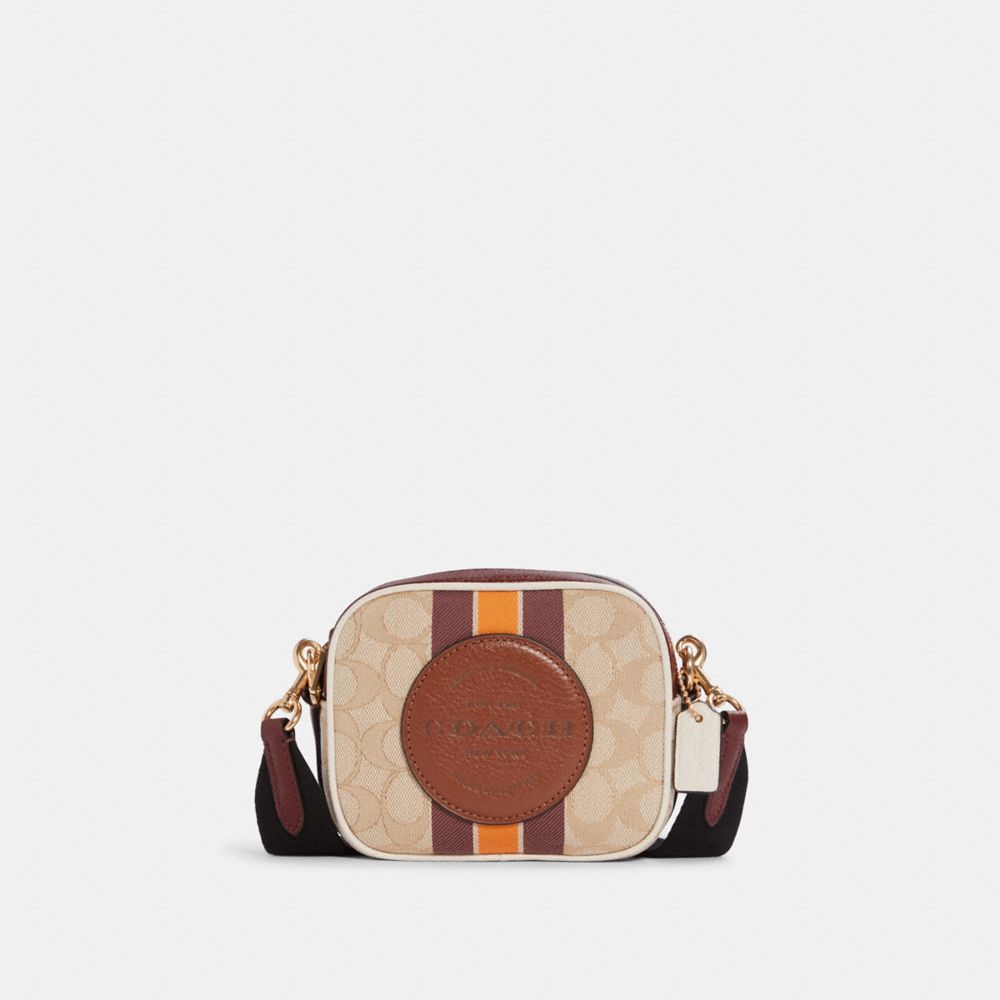 Mini Dempsey Camera Bag In Signature Jacquard With Stripe And Coach Patch - 7057 - GOLD/LIGHT KHAKI/WINE MULTI