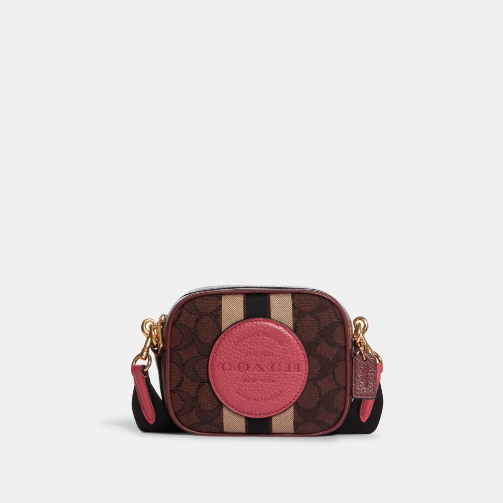 Mini Dempsey Camera Bag In Signature Jacquard With Stripe And Coach Patch - GOLD/CHESTNUT STRWBRRY HZE - COACH 7057