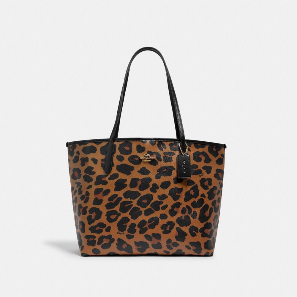 COACH 7131 CITY TOTE WITH LEOPARD PRINT IM/LIGHT SADDLE BLACK