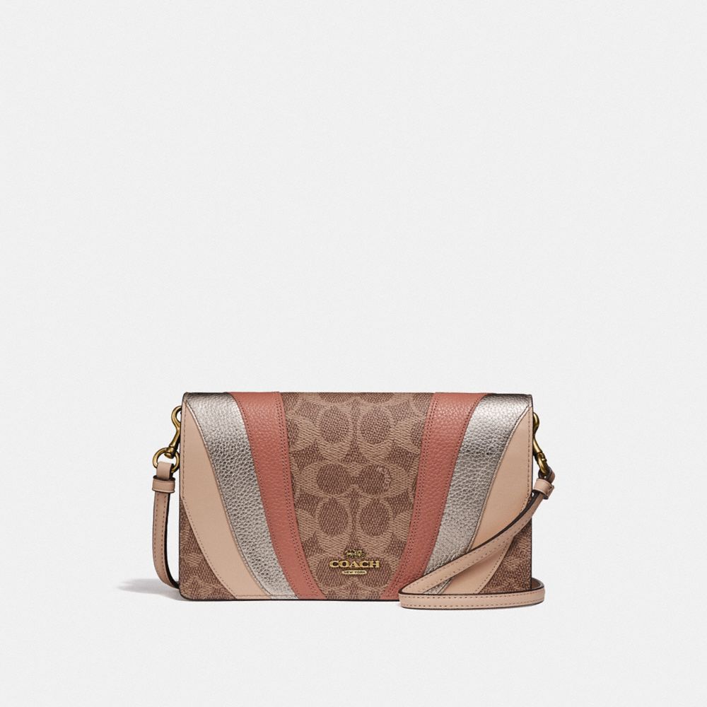 HAYDEN FOLDOVER CROSSBODY CLUTCH IN SIGNATURE CANVAS WITH WAVE PATCHWORK - 71565 - TAN MULTI/BRASS