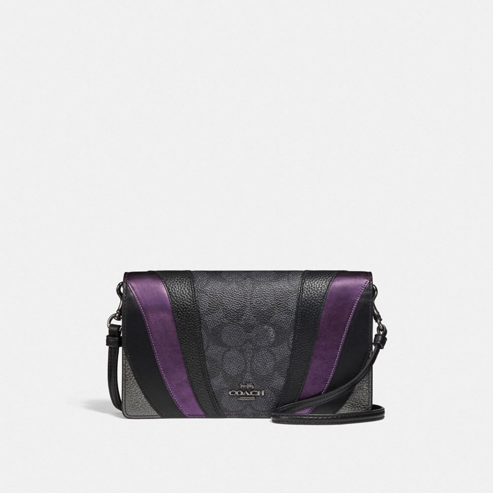 HAYDEN FOLDOVER CROSSBODY CLUTCH IN SIGNATURE CANVAS WITH WAVE PATCHWORK - 71565 - CHARCOAL/MULTI/PEWTER