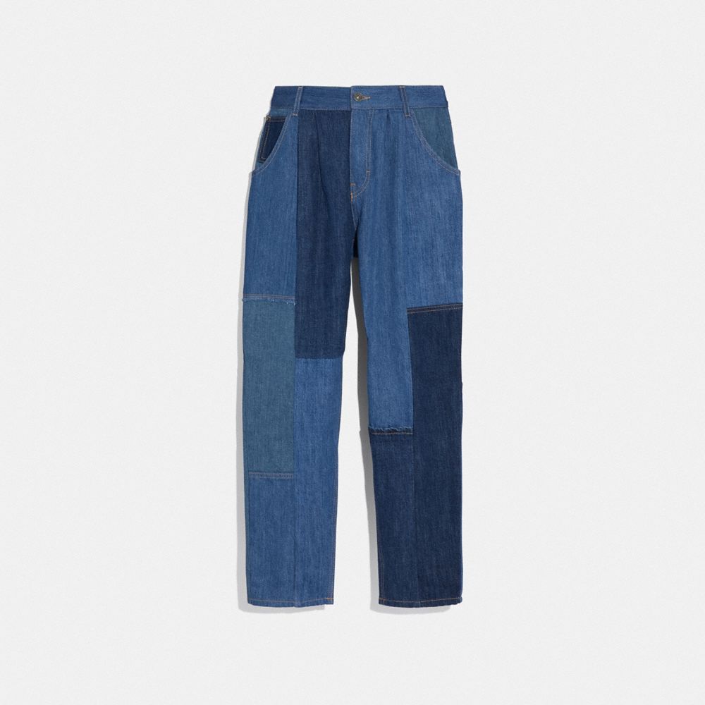 DENIM PATCHWORK PLEATED TROUSERS - BLUE - COACH 72566