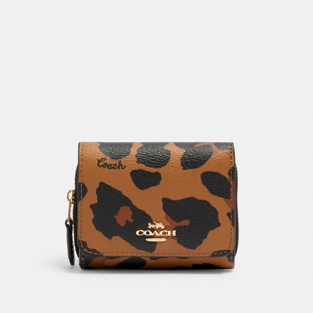 COACH SMALL TRIFOLD WALLET WITH LEOPARD PRINT - IM/LIGHT SADDLE - 7285