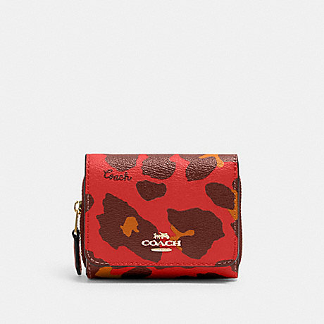 COACH 7285 Small Trifold Wallet With Leopard Print GOLD/BRIGHT-POPPY