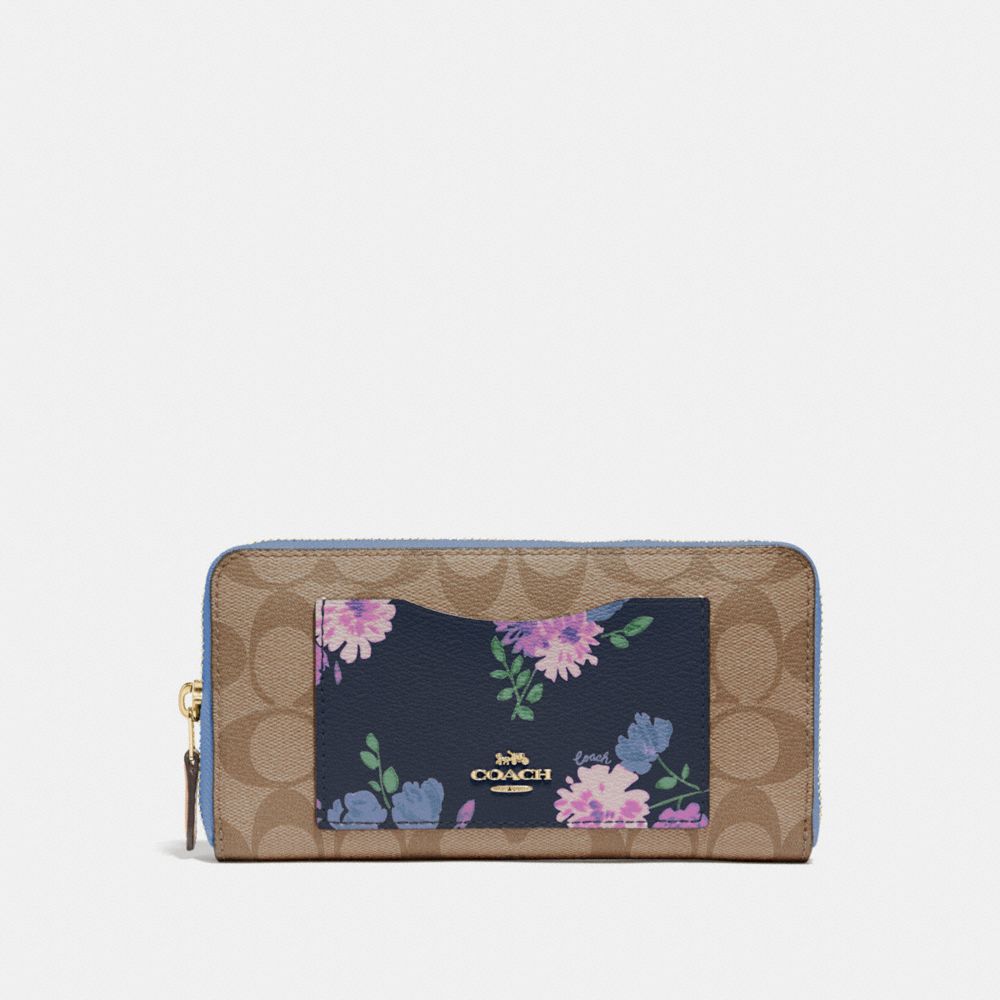 COACH ACCORDION ZIP WALLET IN SIGNATURE CANVAS WITH PAINTED PEONY PRINT POCKET - IM/NAVY MULTI - 73011