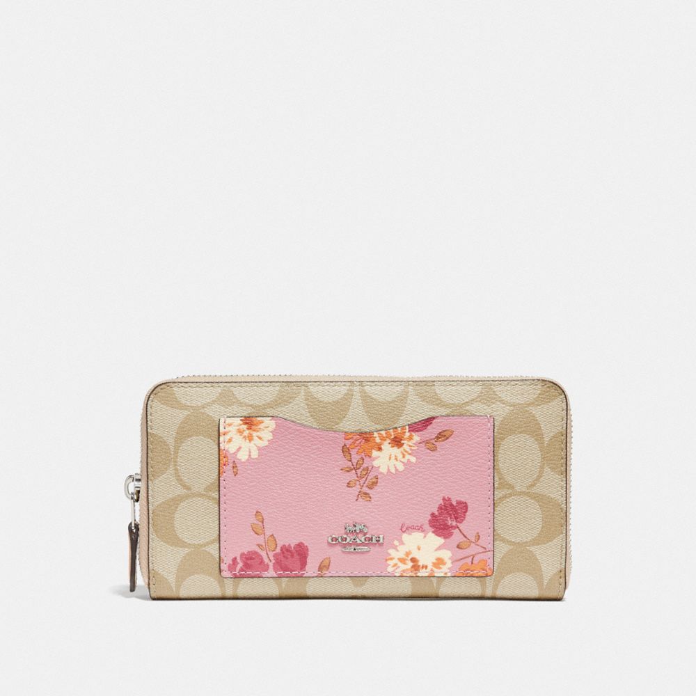 ACCORDION ZIP WALLET IN SIGNATURE CANVAS WITH PAINTED PEONY PRINT POCKET - 73011 - SV/CARNATION MULTI/LIGHT KHAKI