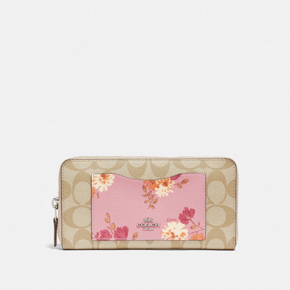 COACH 73011 Accordion Zip Wallet In Signature Canvas With Painted Peony Print Pocket SV/CARNATION MULTI/LIGHT KHAKI