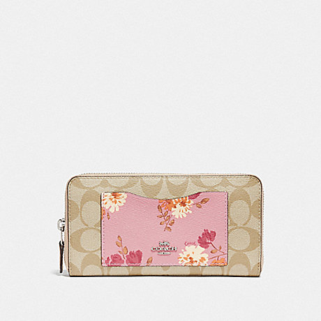 COACH ACCORDION ZIP WALLET IN SIGNATURE CANVAS WITH PAINTED PEONY PRINT POCKET - SV/CARNATION MULTI/LIGHT KHAKI - 73011