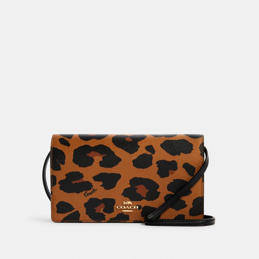 COACH 7301 Anna Foldover Crossbody Clutch With Leopard Print IM/LIGHT SADDLE