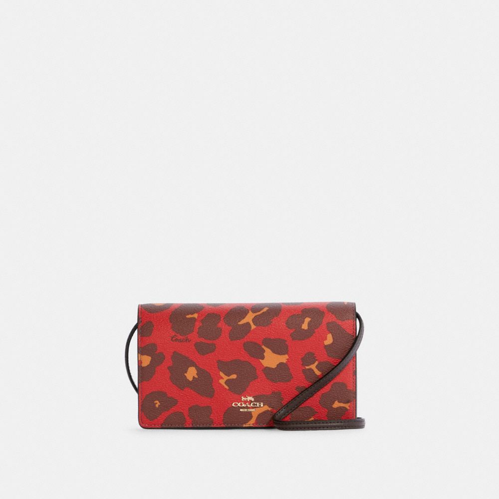 COACH 7301 - Anna Foldover Crossbody Clutch With Leopard Print GOLD/BRIGHT POPPY