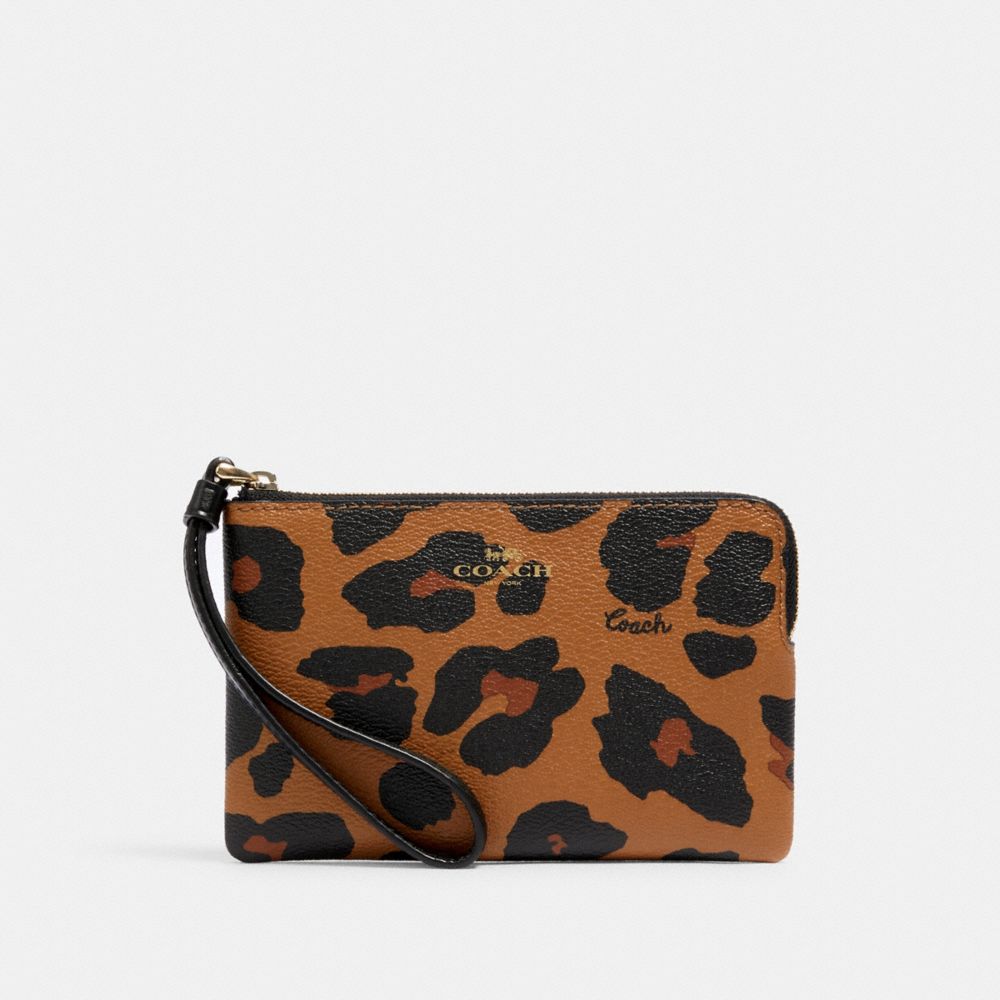 COACH 7303 CORNER ZIP WRISTLET WITH LEOPARD PRINT IM/LIGHT SADDLE