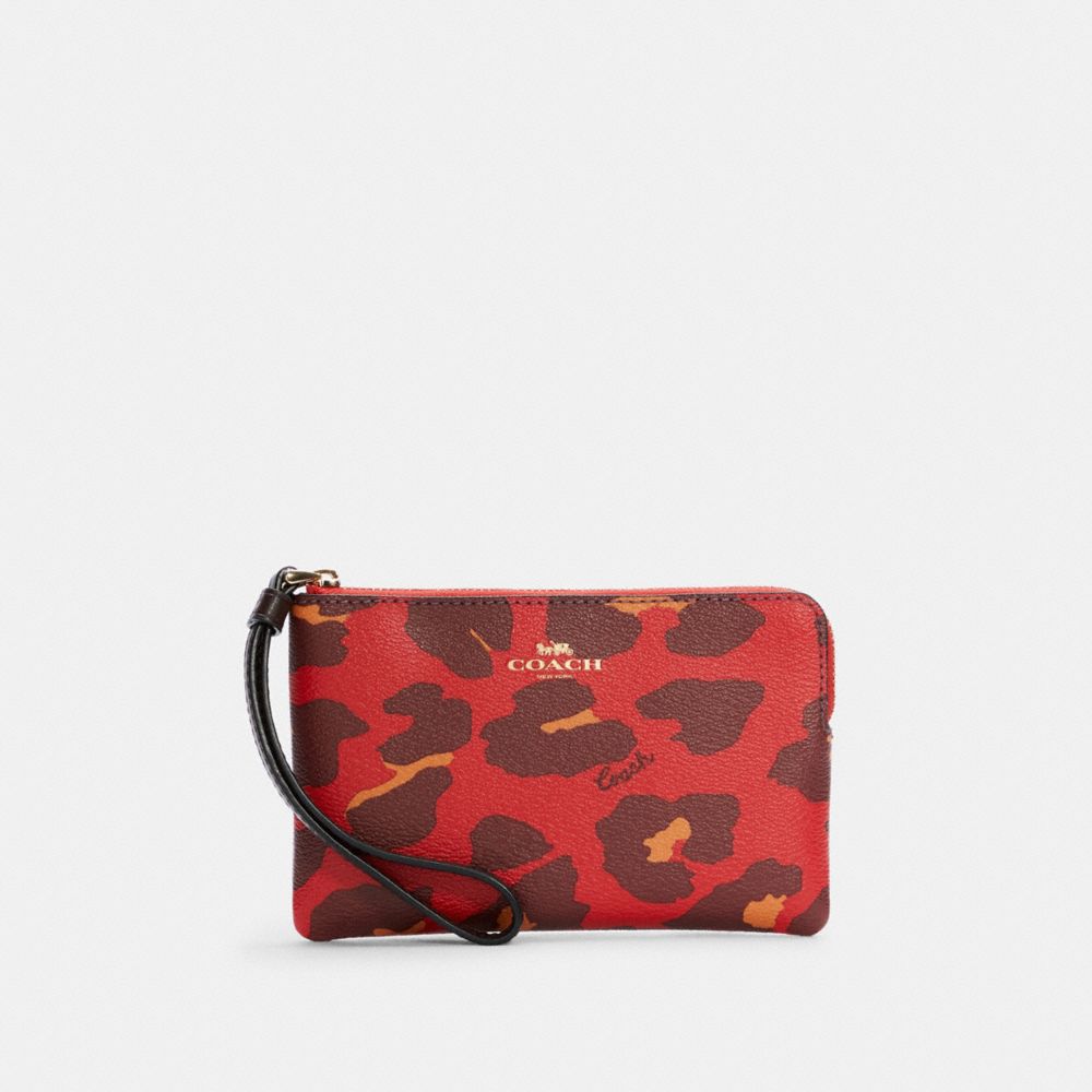 COACH 7303 Corner Zip Wristlet With Leopard Print IM/BRIGHT POPPY