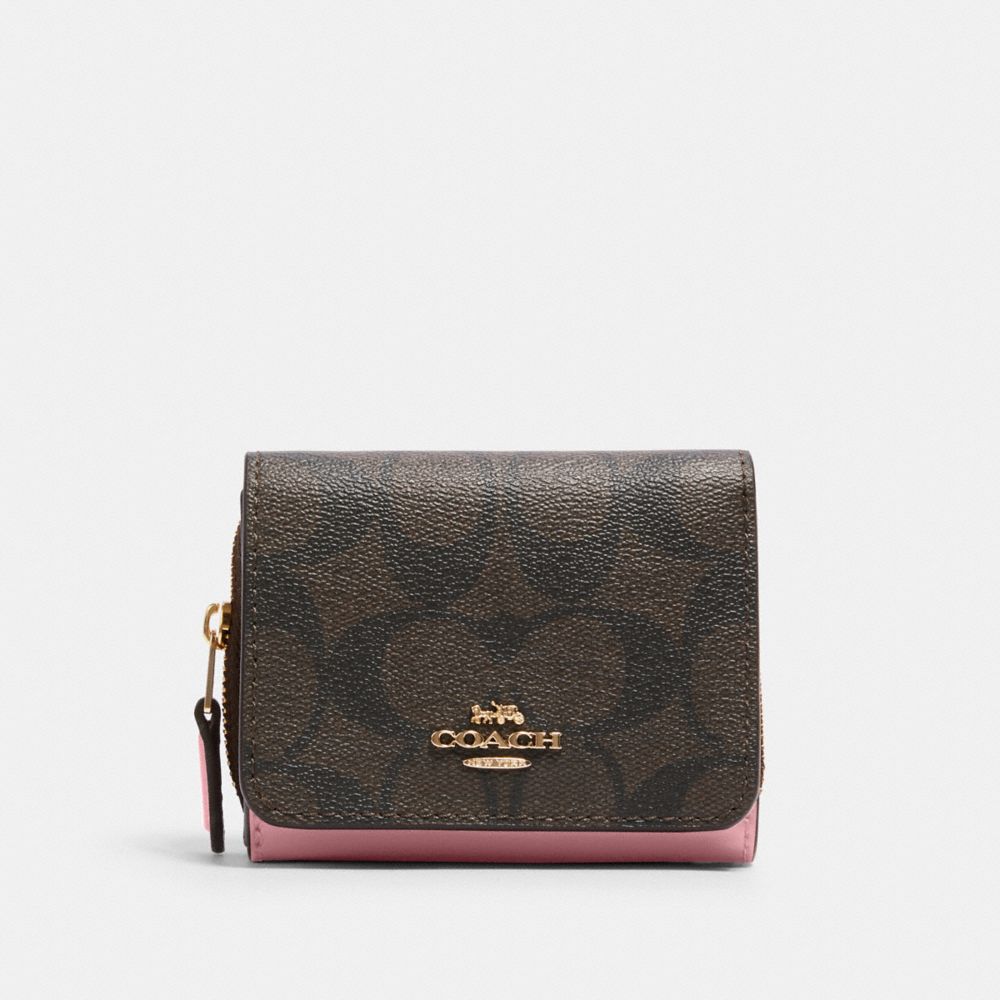 COACH 7331 Small Trifold Wallet In Signature Canvas GOLD/BROWN/TRUE PINK