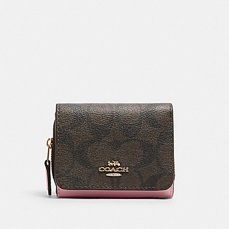 COACH 7331 Small Trifold Wallet In Signature Canvas GOLD/BROWN/TRUE-PINK