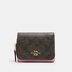 COACH 7331 - Small Trifold Wallet In Signature Canvas GOLD/BROWN/TRUE PINK