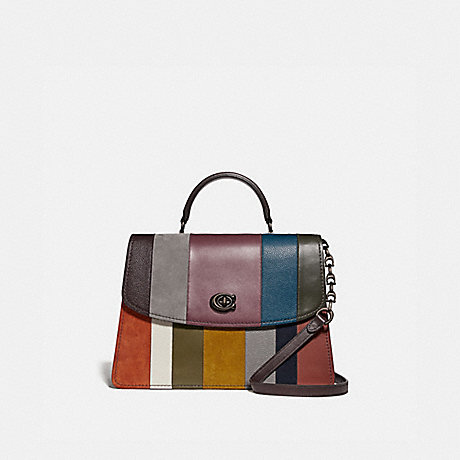 COACH 73823 PARKER TOP HANDLE 32 WITH PATCHWORK STRIPES OXBLOOD-MULTI/PEWTER