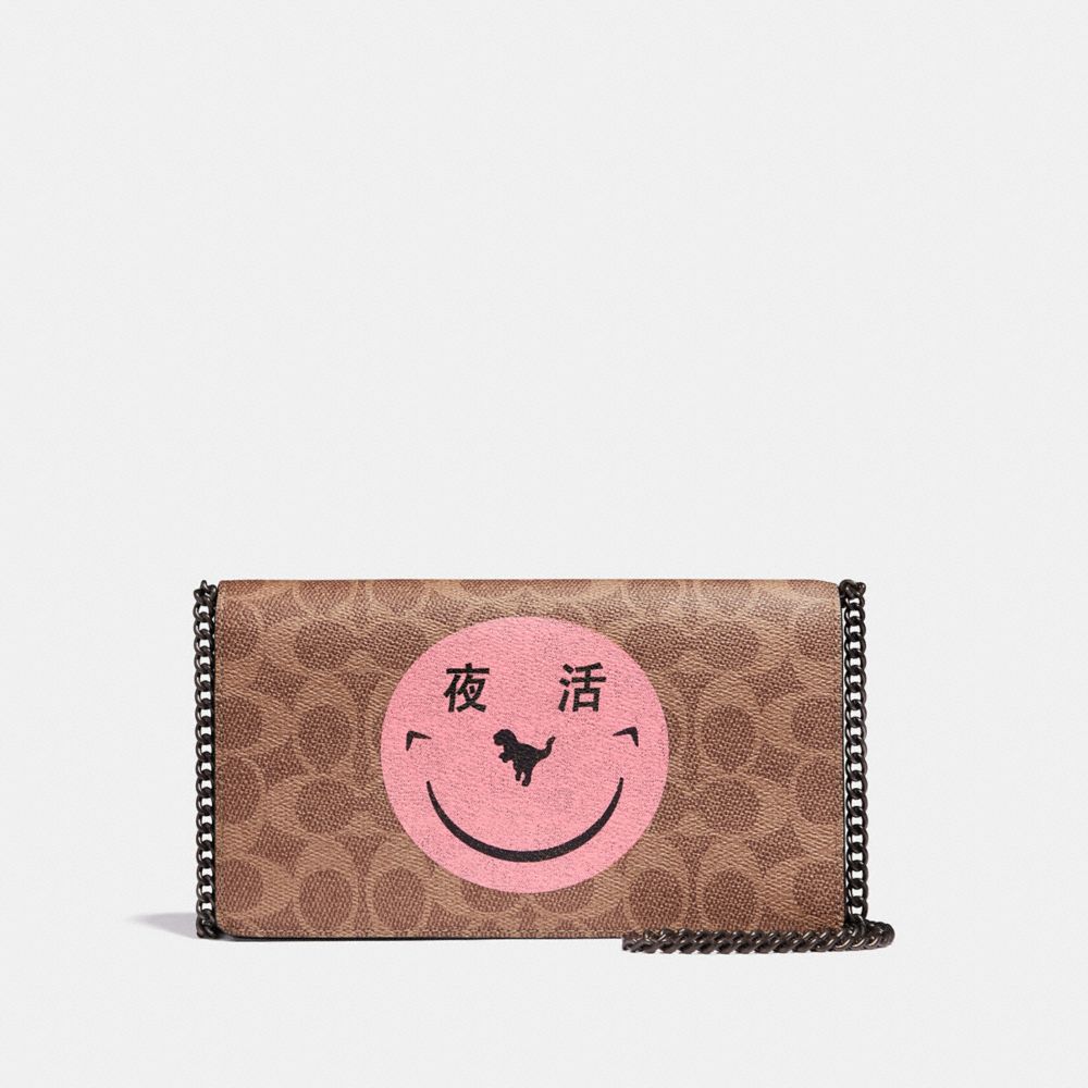 COACH 73824 - CALLIE FOLDOVER CHAIN CLUTCH IN SIGNATURE CANVAS WITH REXY BY YETI OUT V5/TAN OXBLOOD