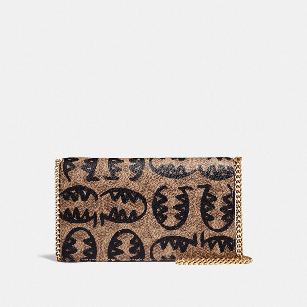 COACH 73825 Callie Foldover Chain Clutch In Signature Canvas With Rexy By Guang Yu B4/TAN RUST
