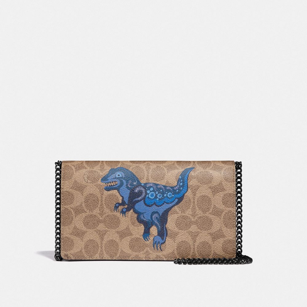 CALLIE FOLDOVER CHAIN CLUTCH IN SIGNATURE CANVAS WITH REXY BY ZHU JINGYI - TAN/DUSTY LAVENDER/PEWTER - COACH 73826