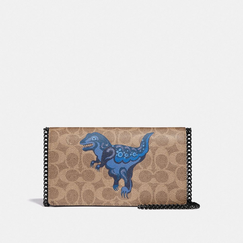 COACH 73826 Callie Foldover Chain Clutch In Signature Canvas With Rexy By Zhu Jingyi TAN/DUSTY LAVENDER/PEWTER