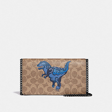 COACH CALLIE FOLDOVER CHAIN CLUTCH IN SIGNATURE CANVAS WITH REXY BY ZHU JINGYI - TAN/DUSTY LAVENDER/PEWTER - 73826
