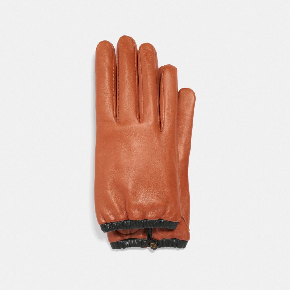 COACH 75535 SCULPTED SIGNATURE GATHERED LEATHER TECH GLOVES SUNSET