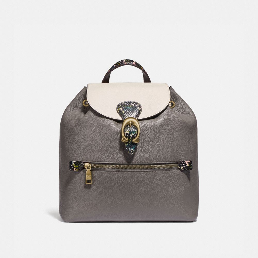 EVIE BACKPACK IN COLORBLOCK WITH SNAKESKIN DETAIL - HEATHER GREY MULTI/BRASS - COACH 76107
