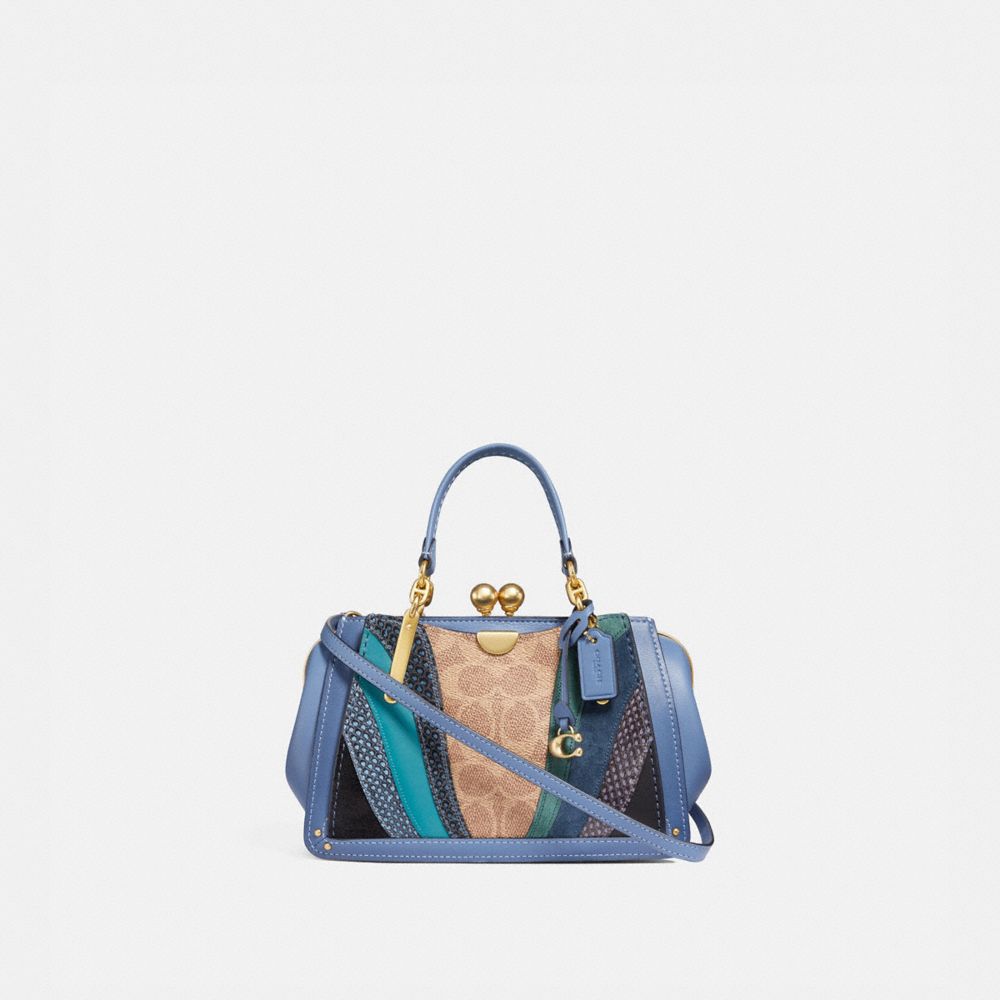 COACH 76115 Kisslock Dreamer 21 In Signature Canvas With Wave Patchwork And Snakeskin Detail TAN/WASHED CHAMBRAY/BRASS