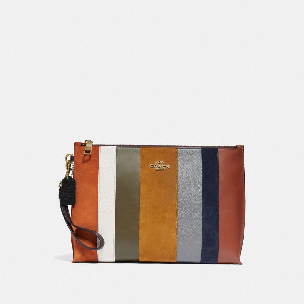 LARGE CHARLIE POUCH WITH PATCHWORK STRIPES - OXBLOOD MULTI/BRASS - COACH 76184