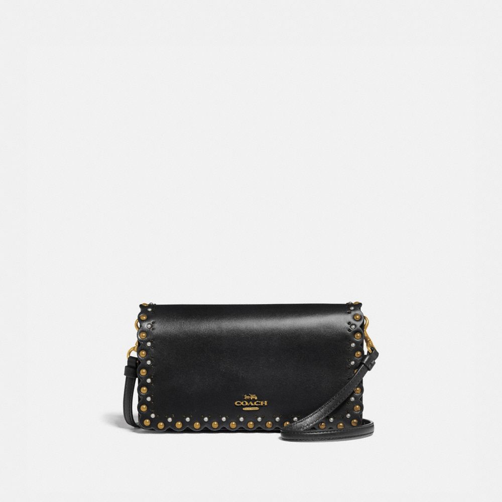 HAYDEN FOLDOVER CROSSBODY CLUTCH WITH SCALLOP RIVETS - 76200 - BLACK/BRASS