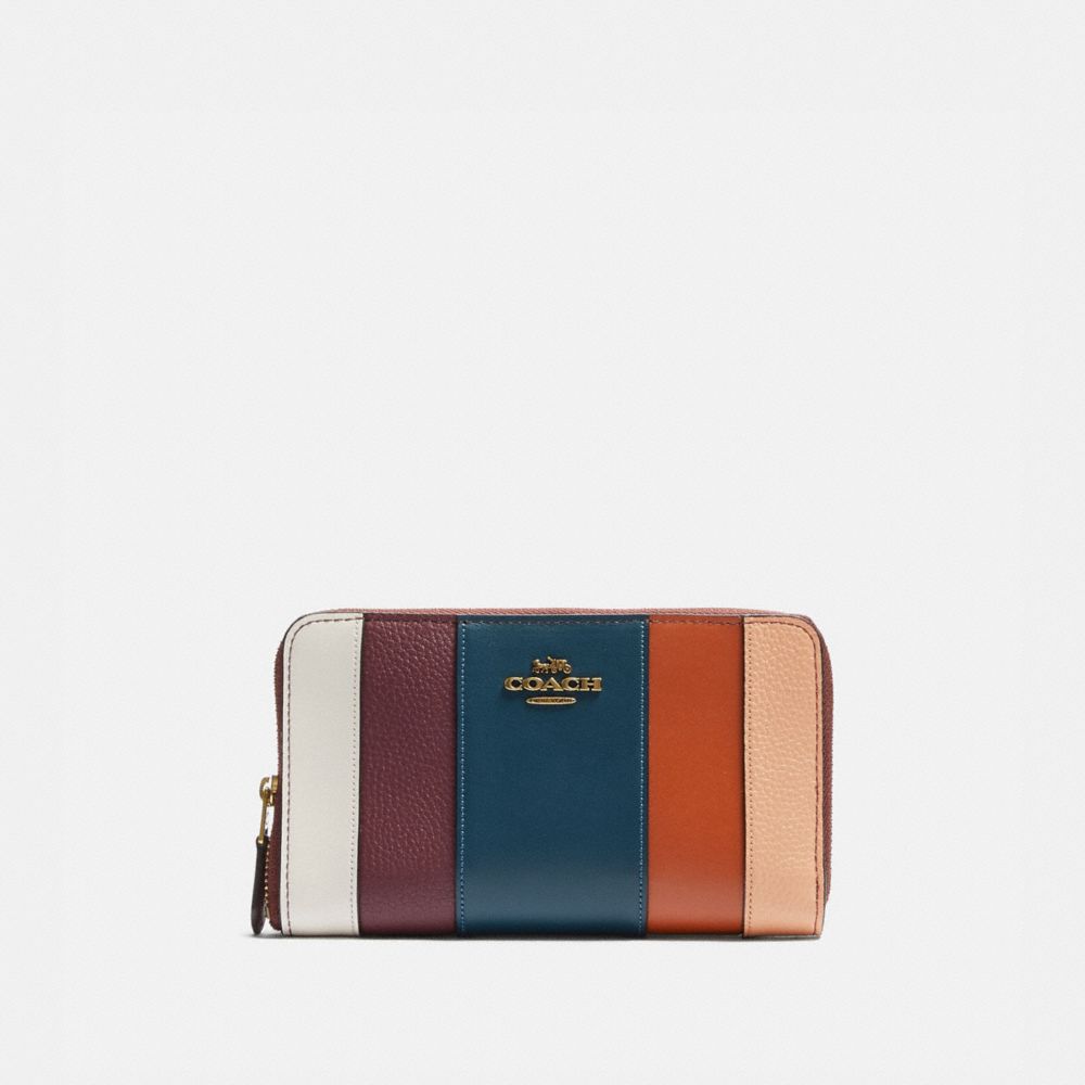 COACH 76294 - MEDIUM ZIP AROUND WALLET WITH PATCHWORK STRIPES OXBLOOD MULTI/BRASS