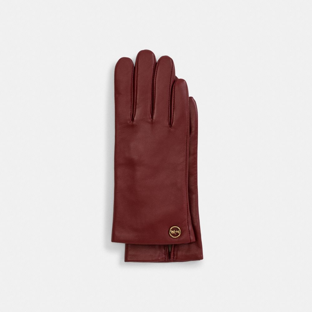 COACH Horse And Carriage Plaque Leather Tech Gloves - CHERRY - 76310