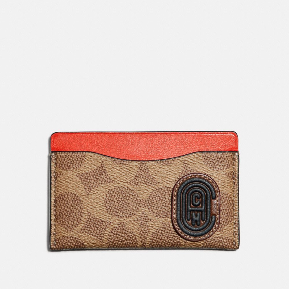 COACH 76426 SMALL CARD CASE WITH SIGNATURE CANVAS BLOCKING AND COACH PATCH TAN SIGNATURE MULTI