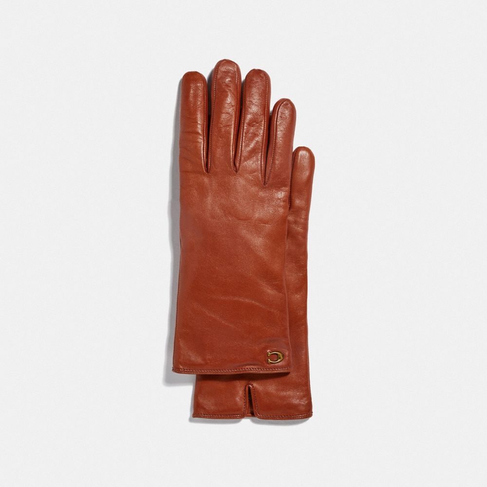 COACH 76609 SCULPTED SIGNATURE LEATHER TECH GLOVES SUNSET