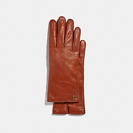 COACH SCULPTED SIGNATURE LEATHER TECH GLOVES - SUNSET - 76609
