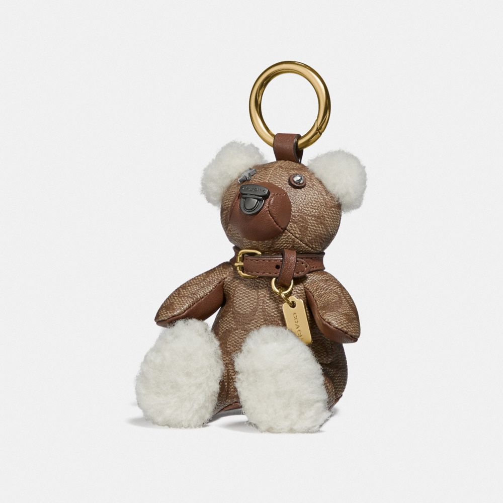 COACH BEAR BAG CHARM IN SIGNATURE CANVAS - GD/KHAKI - 77676