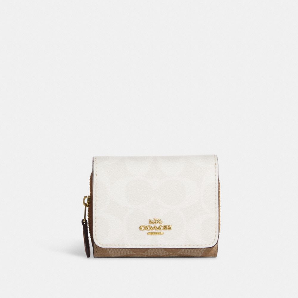 COACH Small Trifold Wallet In Blocked Signature Canvas - GOLD/CHALK/GLACIER WHITE MULTI - 78081