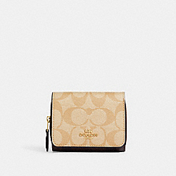 COACH 78081 Small Trifold Wallet In Blocked Signature Canvas IM/LIGHT KHAKI/BROWN MULTI