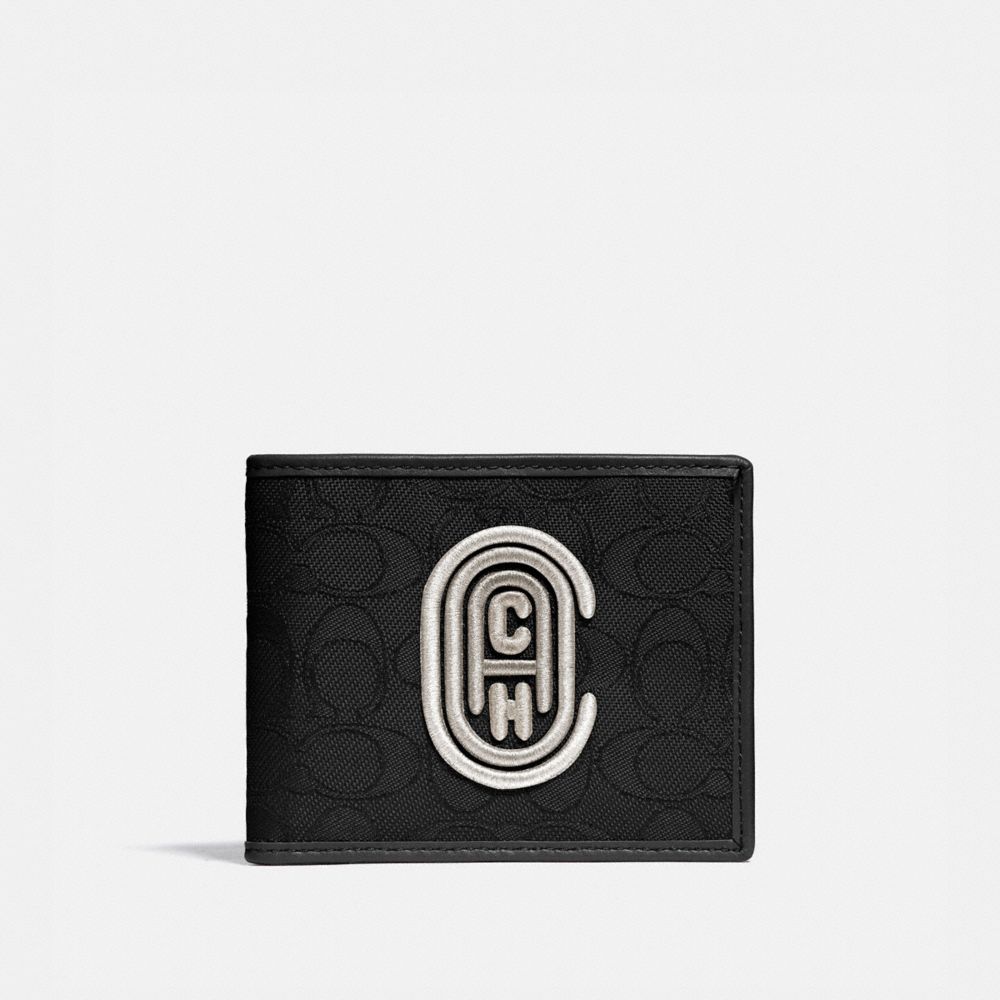 COACH 78338 DOUBLE BILLFOLD WALLET IN SIGNATURE JACQUARD WITH COACH PATCH BLACK/CHALK