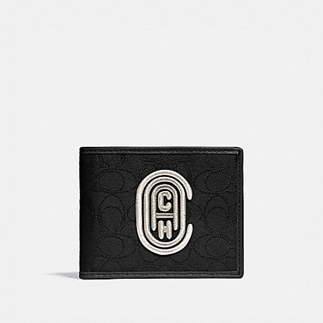 COACH 78338 DOUBLE BILLFOLD WALLET IN SIGNATURE JACQUARD WITH COACH PATCH BLACK/CHALK