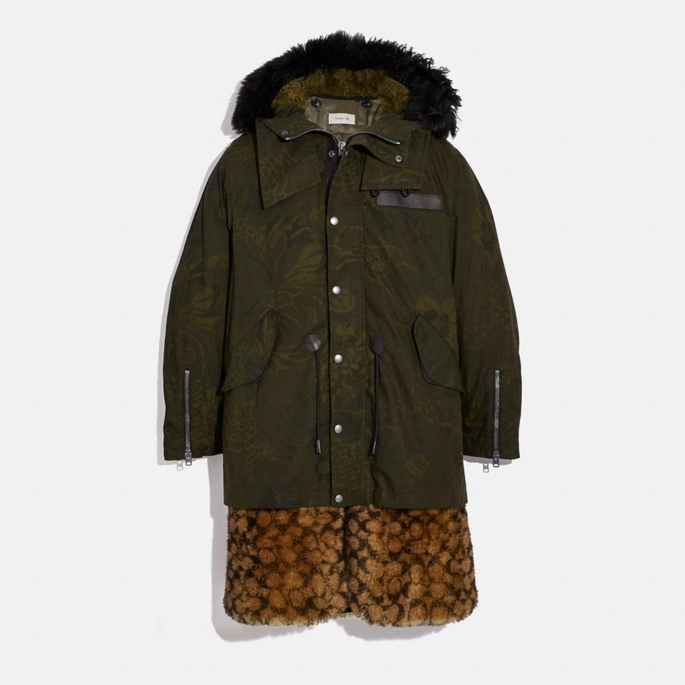 COACH 79059 Signature Shearling Parka With Kaffe Fassett Print OLIVE