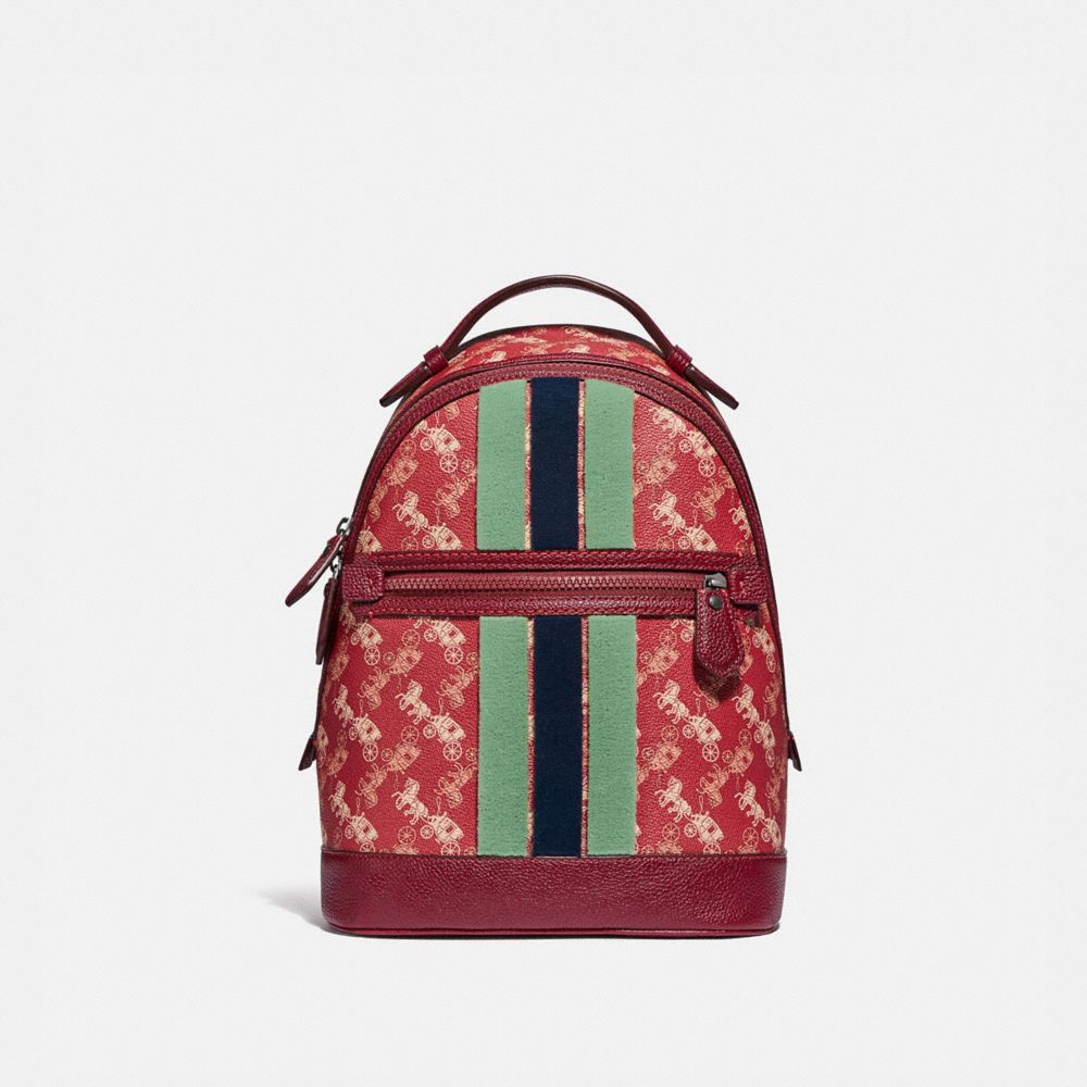 COACH 79235 BARROW BACKPACK WITH HORSE AND CARRIAGE PRINT AND VARSITY STRIPE PEWTER/RED DEEP RED