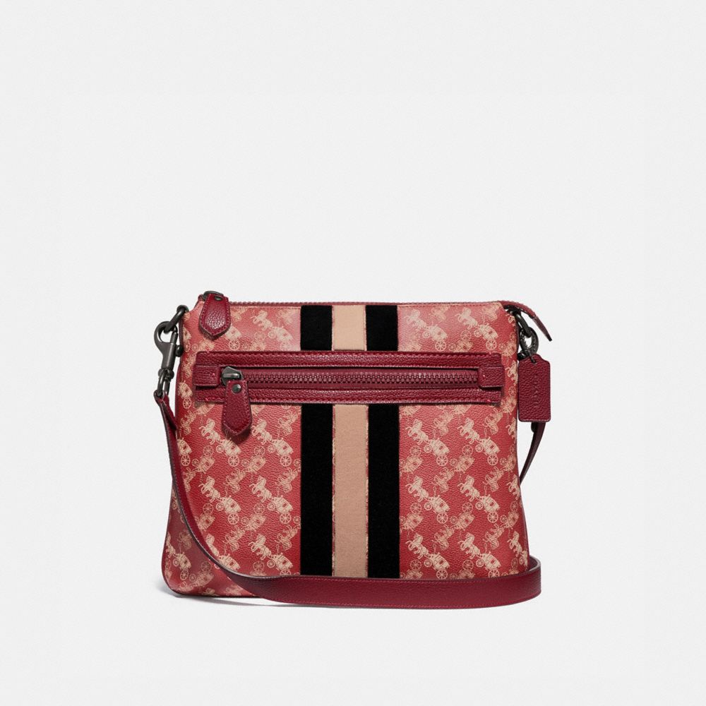 OLIVE CROSSBODY WITH HORSE AND CARRIAGE PRINT AND VARSITY STRIPE - 79367 - PEWTER/RED DEEP RED