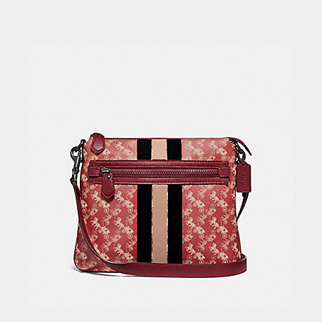 COACH 79367 OLIVE CROSSBODY WITH HORSE AND CARRIAGE PRINT AND VARSITY STRIPE PEWTER/RED-DEEP-RED
