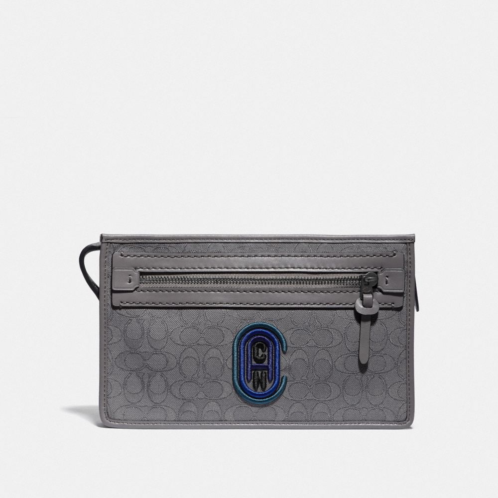 COACH 79390 RIVINGTON CONVERTIBLE POUCH IN SIGNATURE JACQUARD WITH COACH PATCH HEATHER GREY/BLUE OMBRE