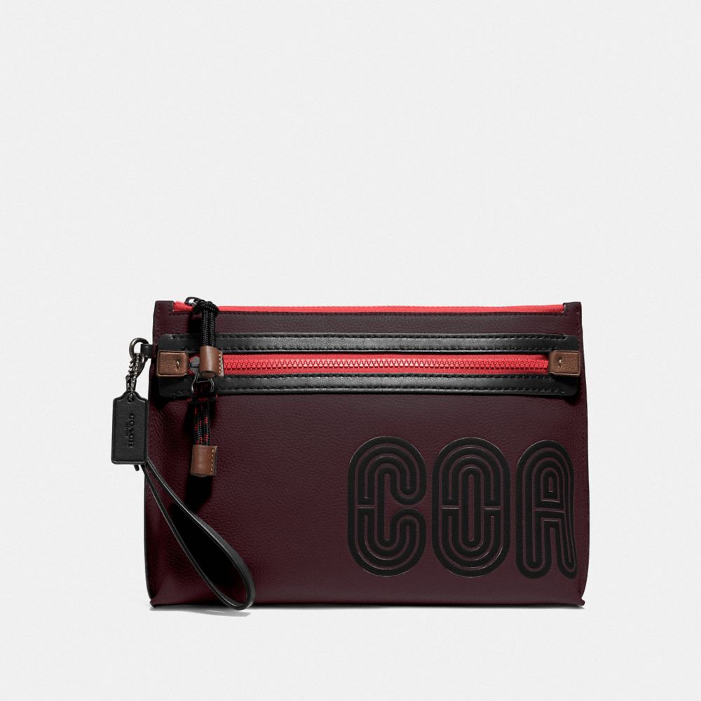 COACH 79407 ACADEMY POUCH WITH COACH PRINT OXBLOOD/RACING ORANGE