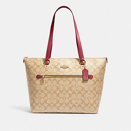 COACH 79609 Gallery Tote In Signature Canvas Gold/Light-Khaki-Rouge